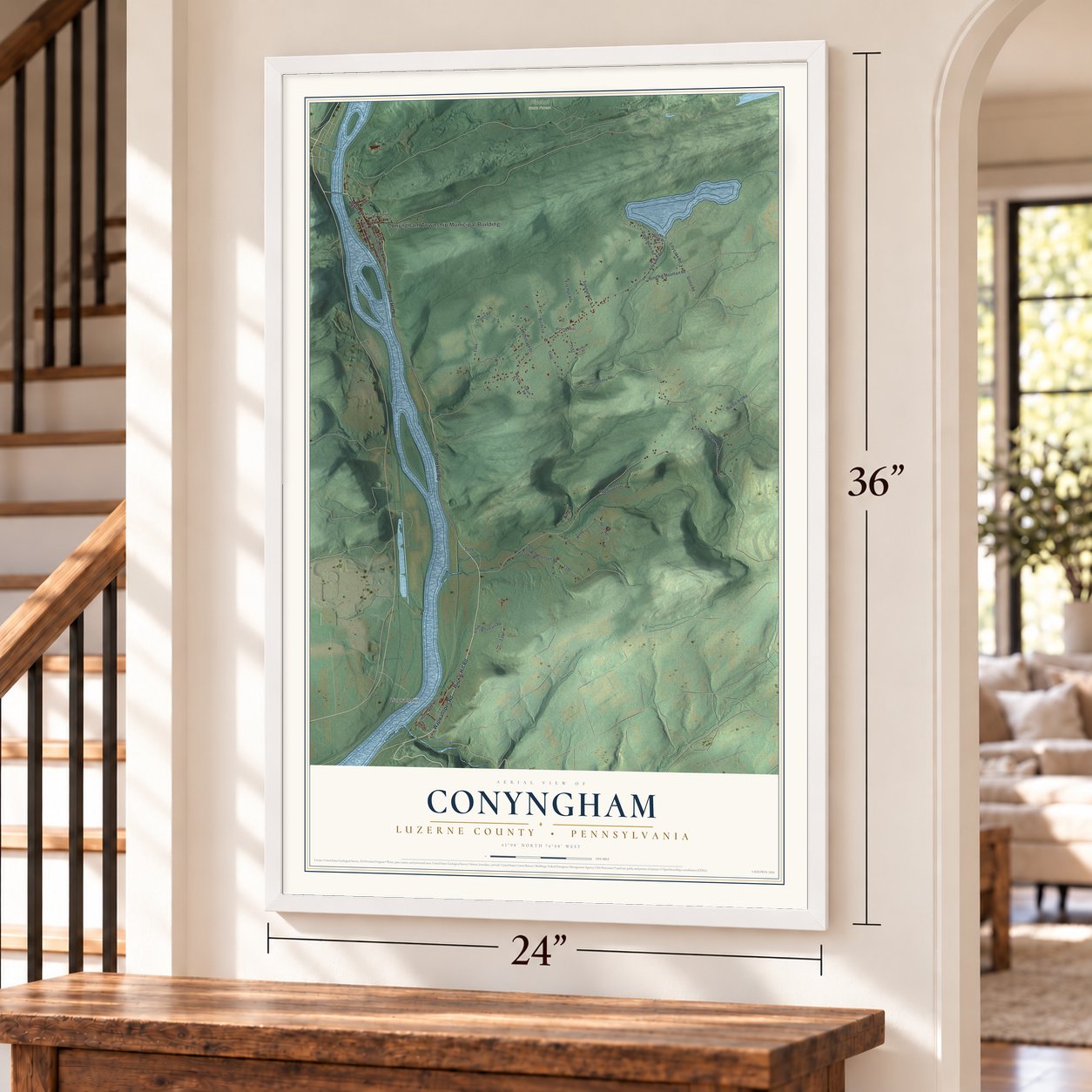 Conyngham, Luzerne County, Pennsylvania map, 24 x 36 inch print in a white frame by a staircase