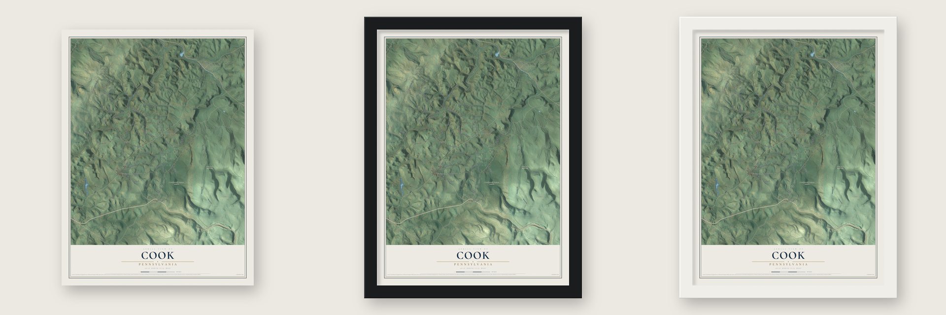 Cook, Pennsylvania map unframed, in a black wood frame and in a white wood frame