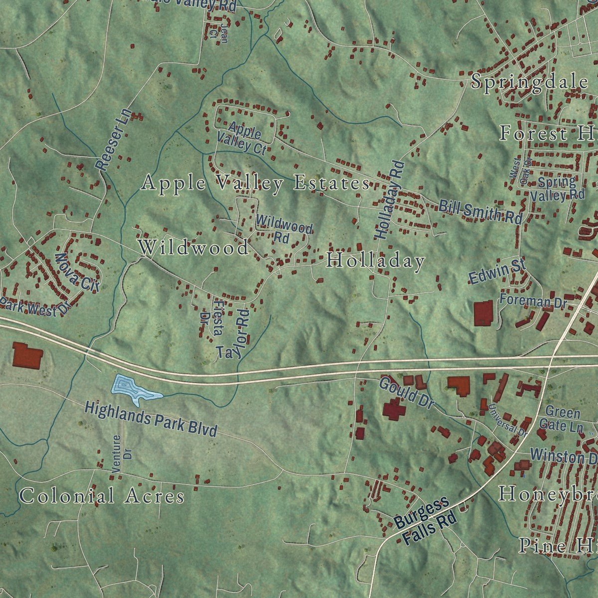 Second close-up of the map of Cookeville, Tennessee print showing more streets and buildings