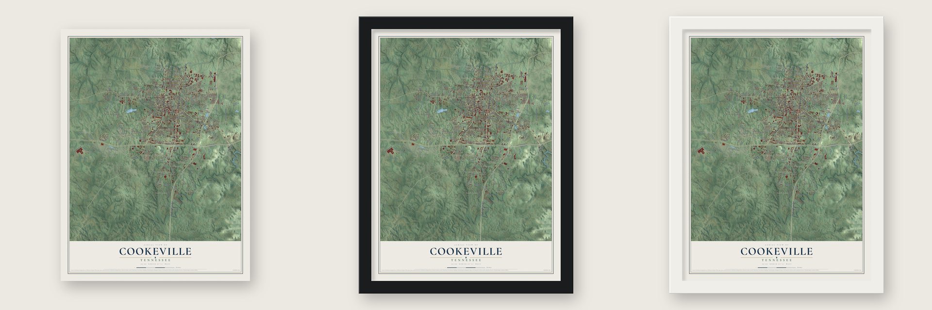Cookeville, Tennessee map unframed, in a black wood frame and in a white wood frame