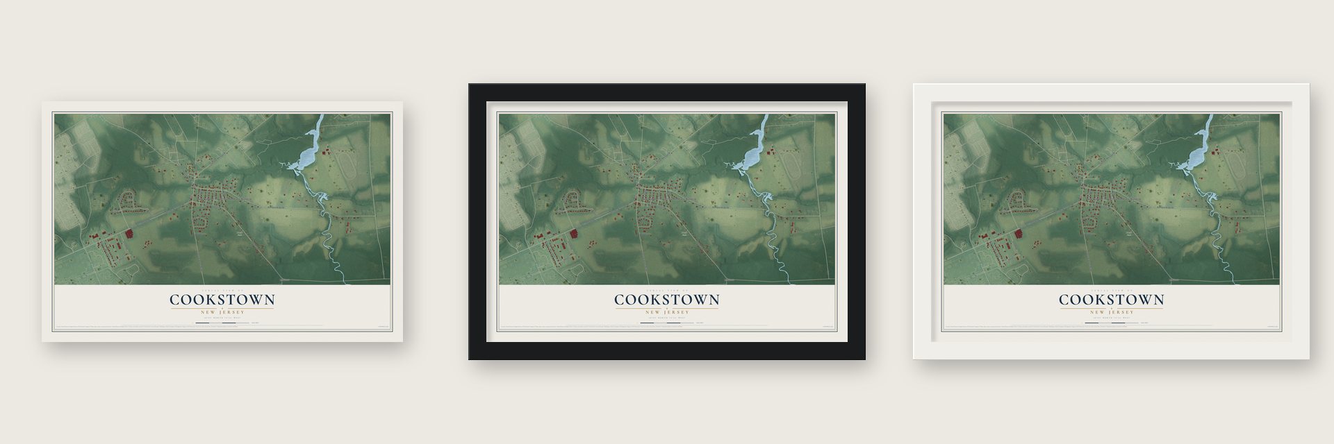 Cookstown, New Jersey map unframed, in a black wood frame and in a white wood frame