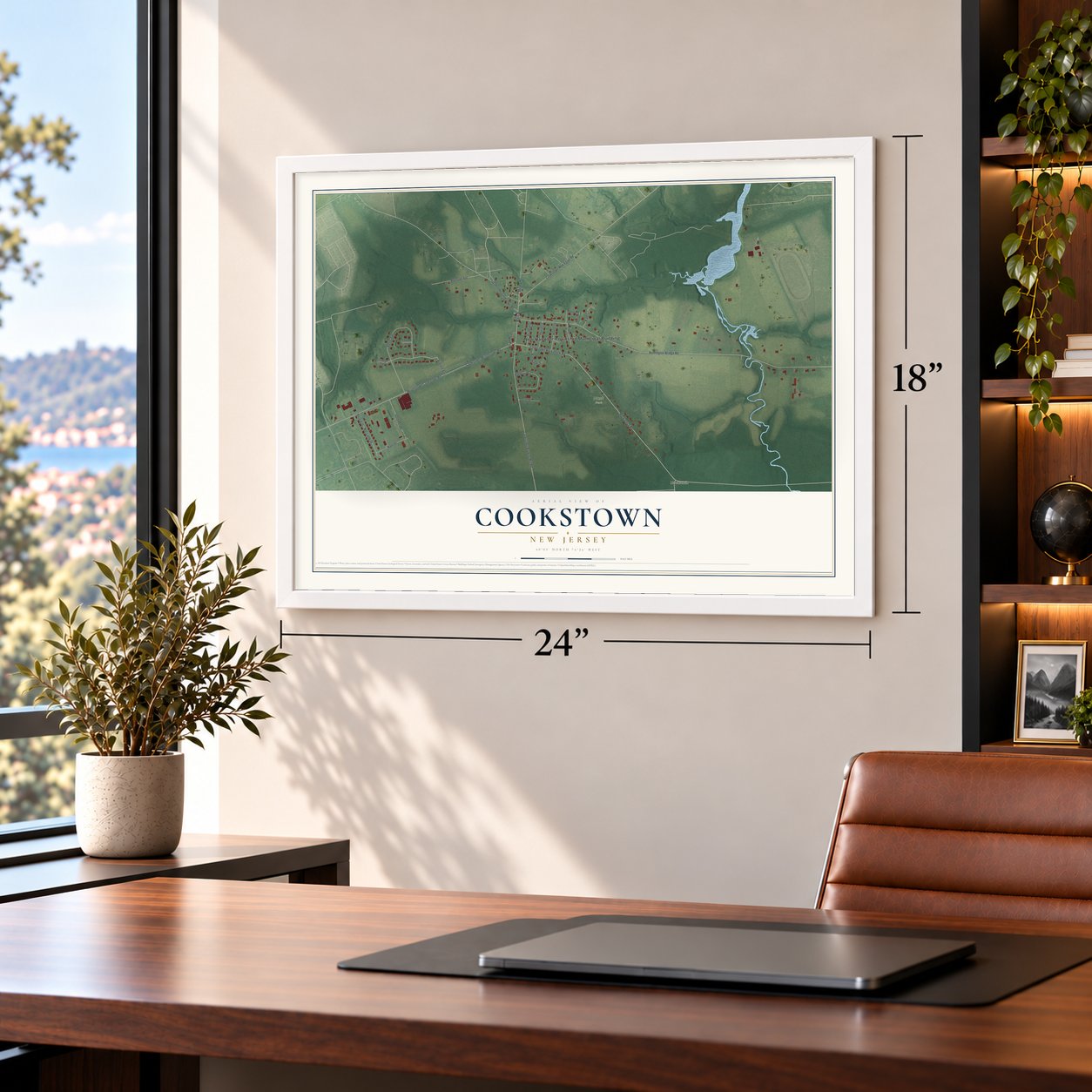 Cookstown, New Jersey map, 18 x 24 inch print in a white frame in a home office