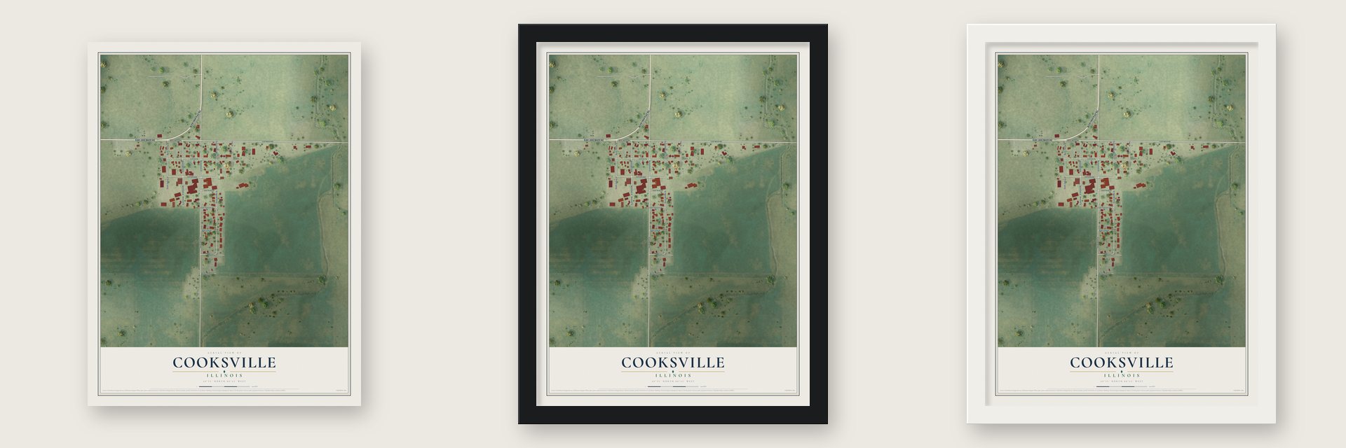 Cooksville, Illinois map unframed, in a black wood frame and in a white wood frame