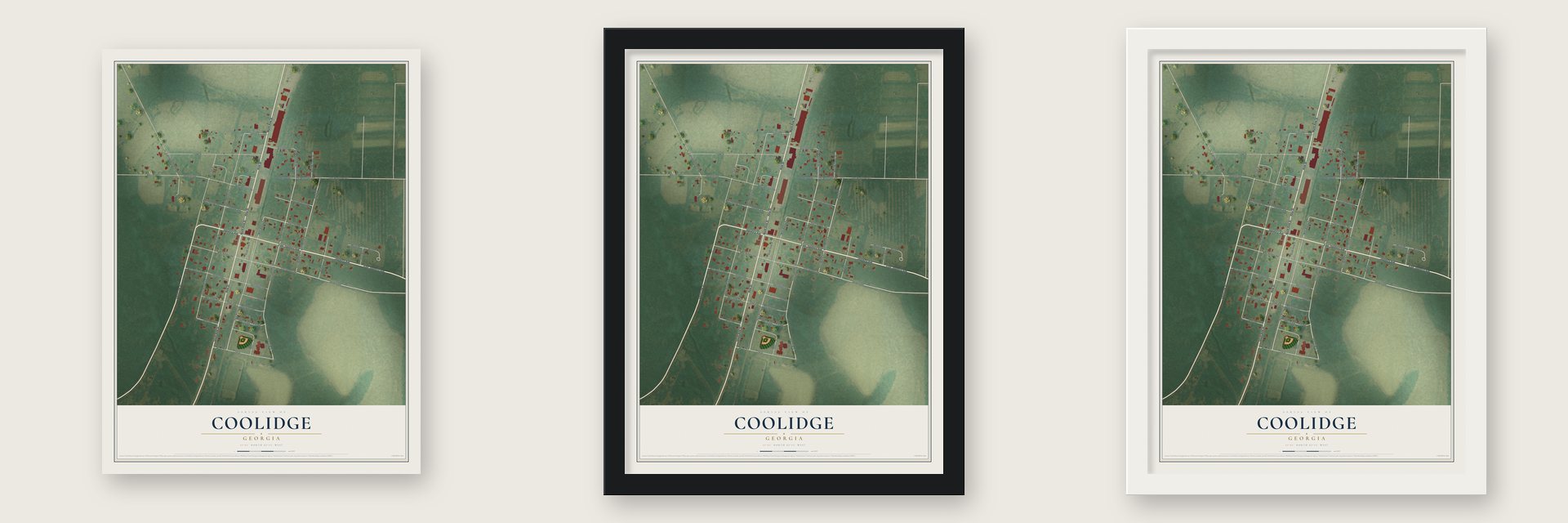 Coolidge, Georgia map unframed, in a black wood frame and in a white wood frame