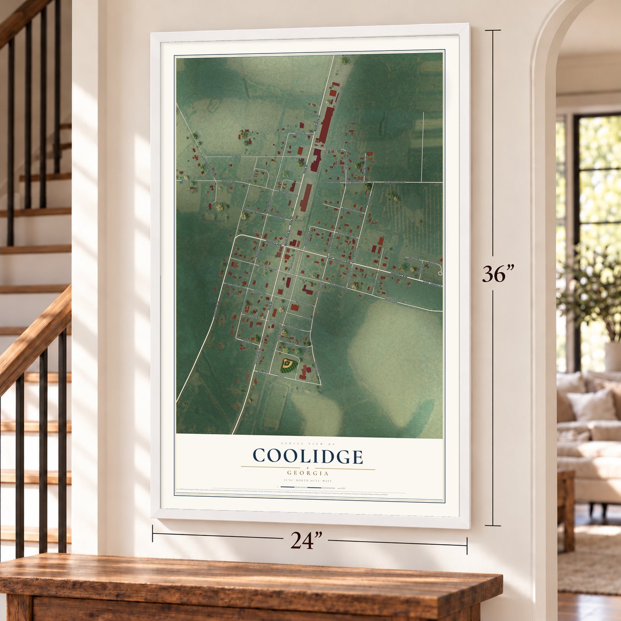 Coolidge, Georgia map, 24 x 36 inch print in a white frame by a staircase