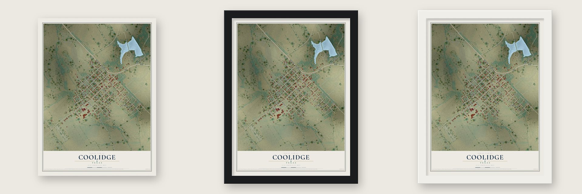 Coolidge, Texas map unframed, in a black wood frame and in a white wood frame