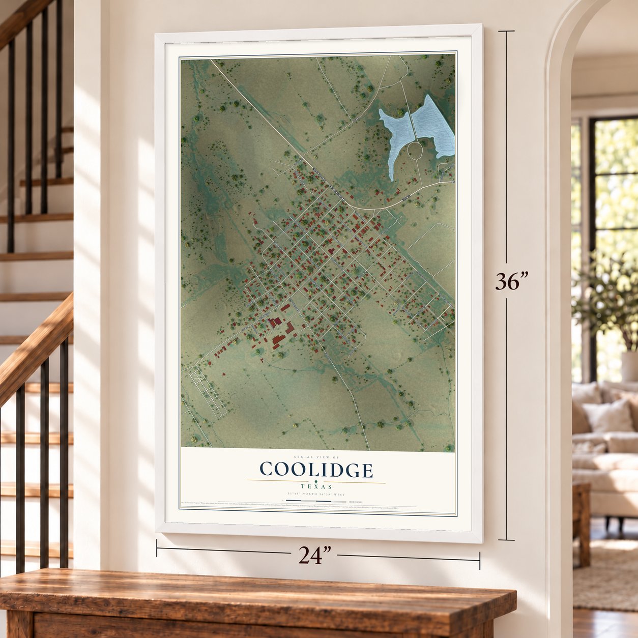 Coolidge, Texas map, 24 x 36 inch print in a white frame by a staircase