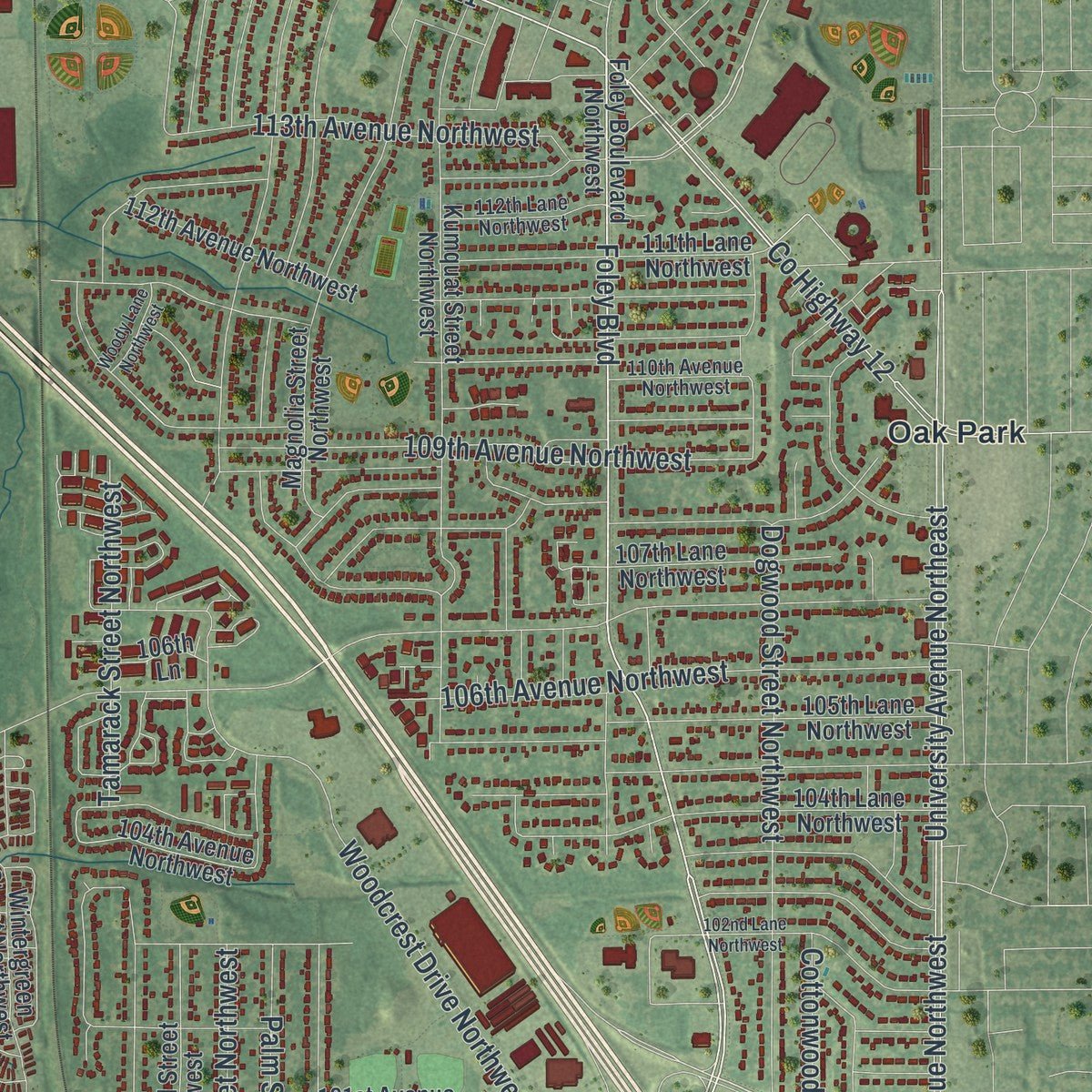Second close-up of the map of Coon Rapids, Minnesota print showing more streets and buildings