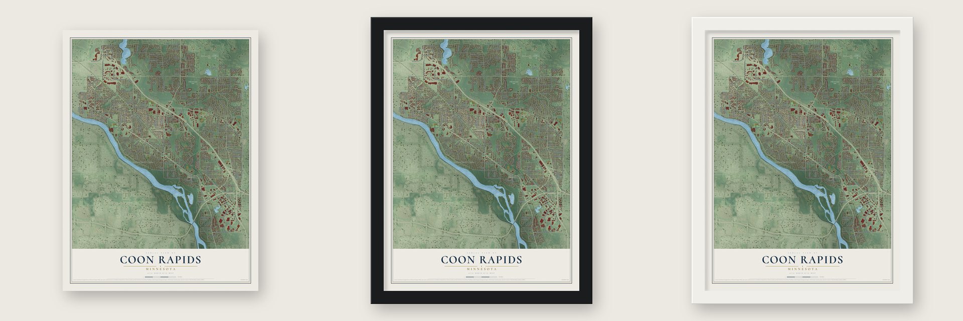 Coon Rapids, Minnesota map unframed, in a black wood frame and in a white wood frame
