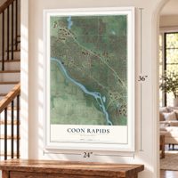 Coon Rapids, Minnesota map, 24 x 36 inch print in a white frame by a staircase