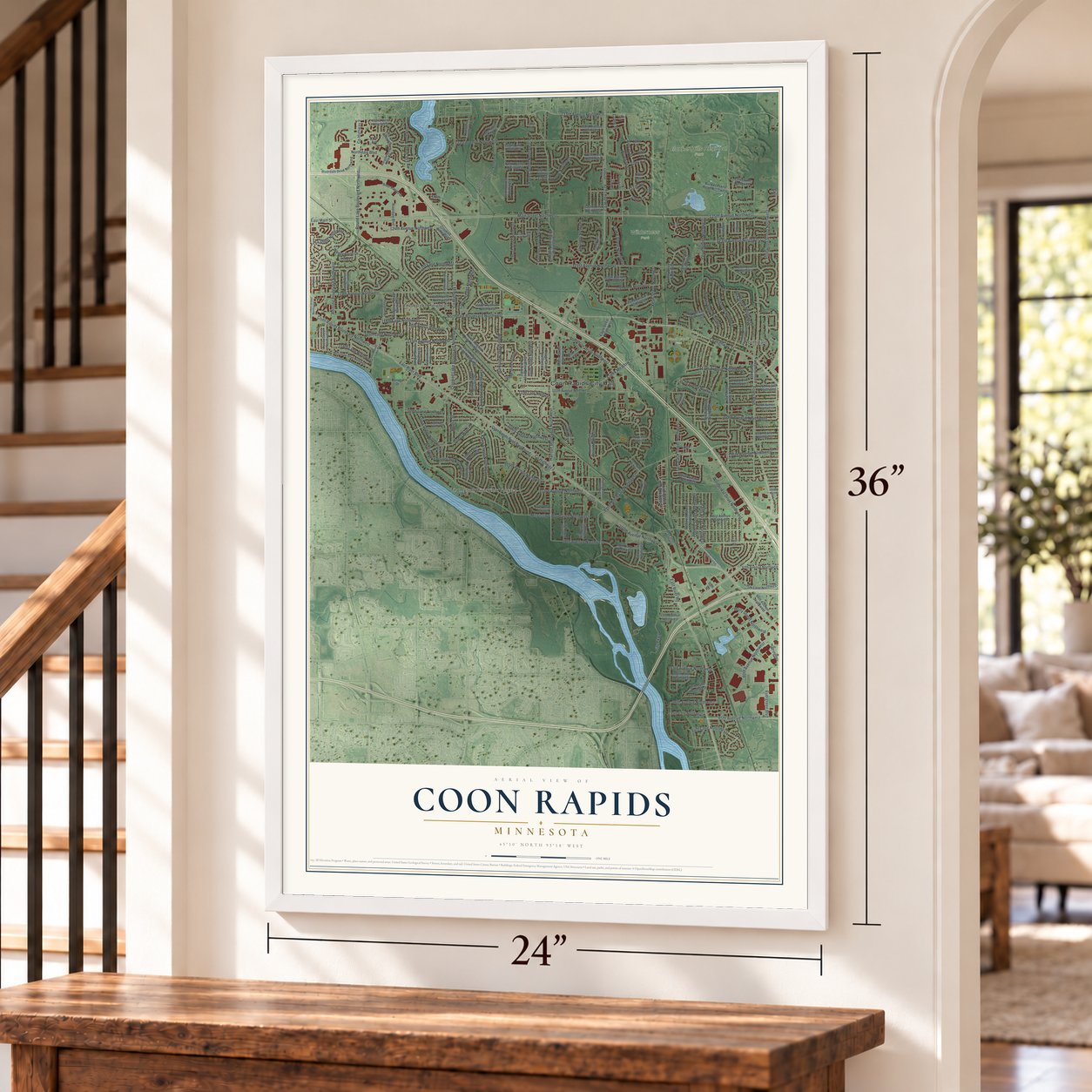 Coon Rapids, Minnesota map, 24 x 36 inch print in a white frame by a staircase