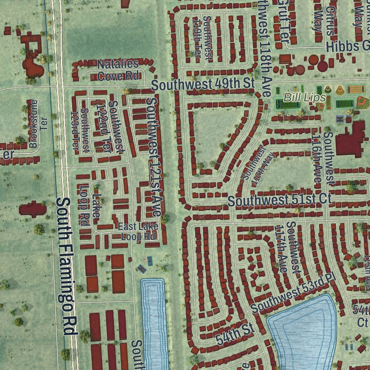 Second close-up of the map of Cooper City, Florida print showing more streets and buildings
