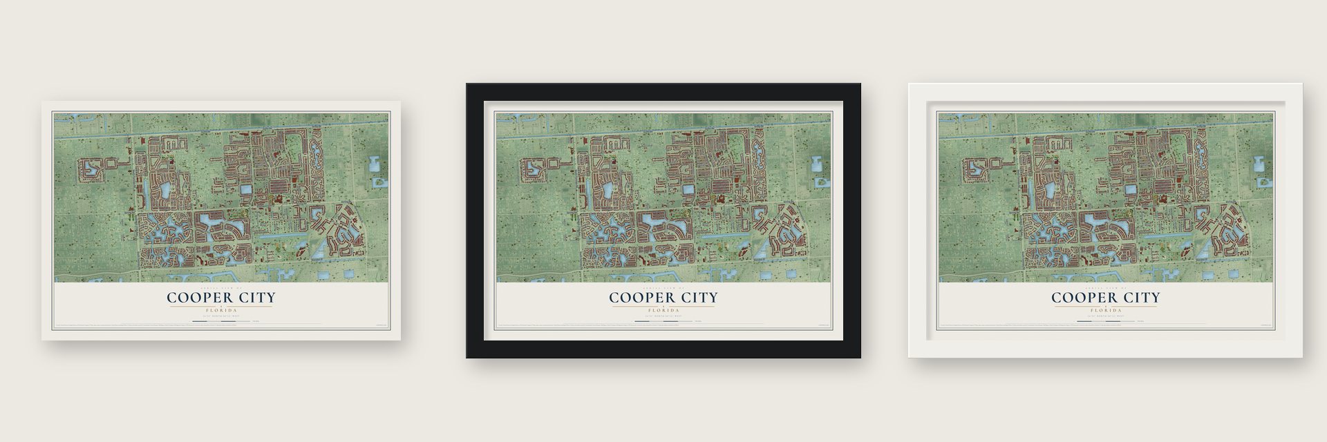Cooper City, Florida map unframed, in a black wood frame and in a white wood frame