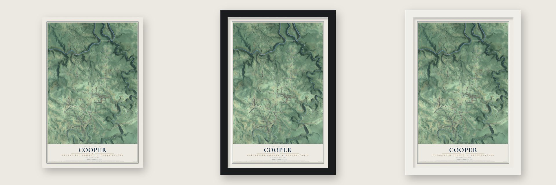 Cooper, Clearfield County, Pennsylvania map unframed, in a black wood frame and in a white wood frame