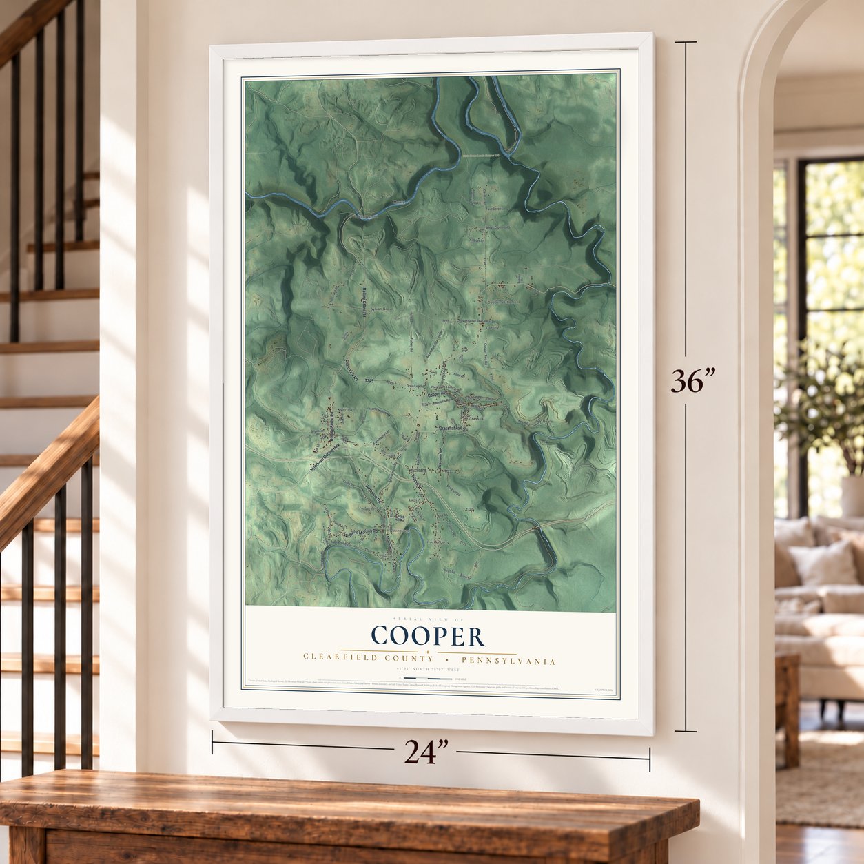 Cooper, Clearfield County, Pennsylvania map, 24 x 36 inch print in a white frame by a staircase