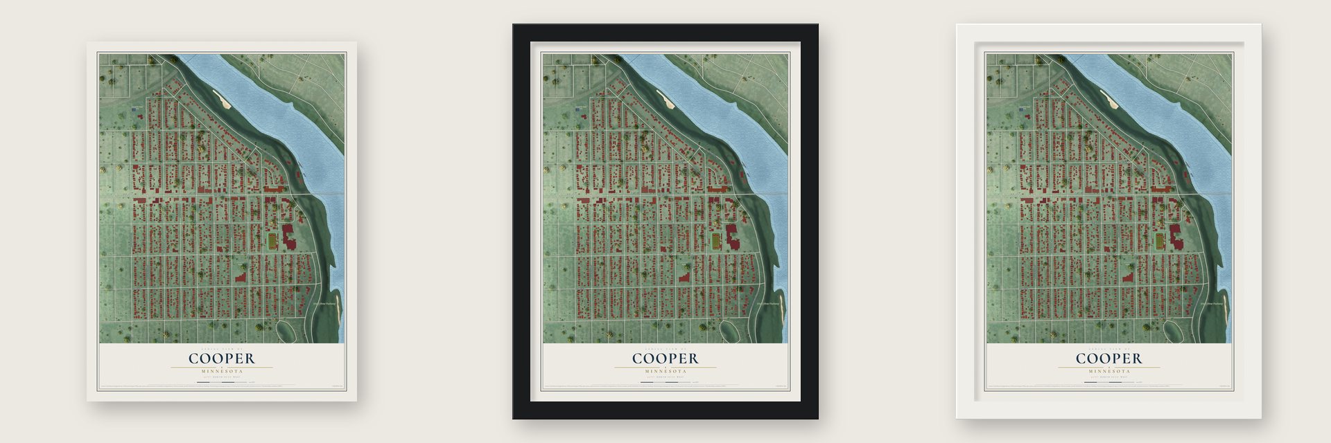 Cooper, Minnesota map unframed, in a black wood frame and in a white wood frame