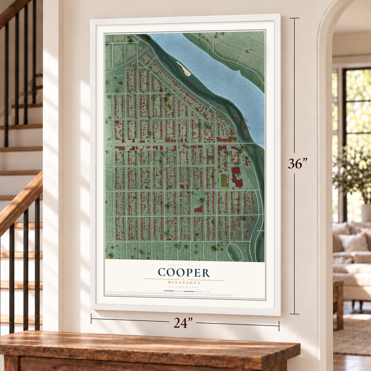 Cooper, Minnesota map, 24 x 36 inch print in a white frame by a staircase