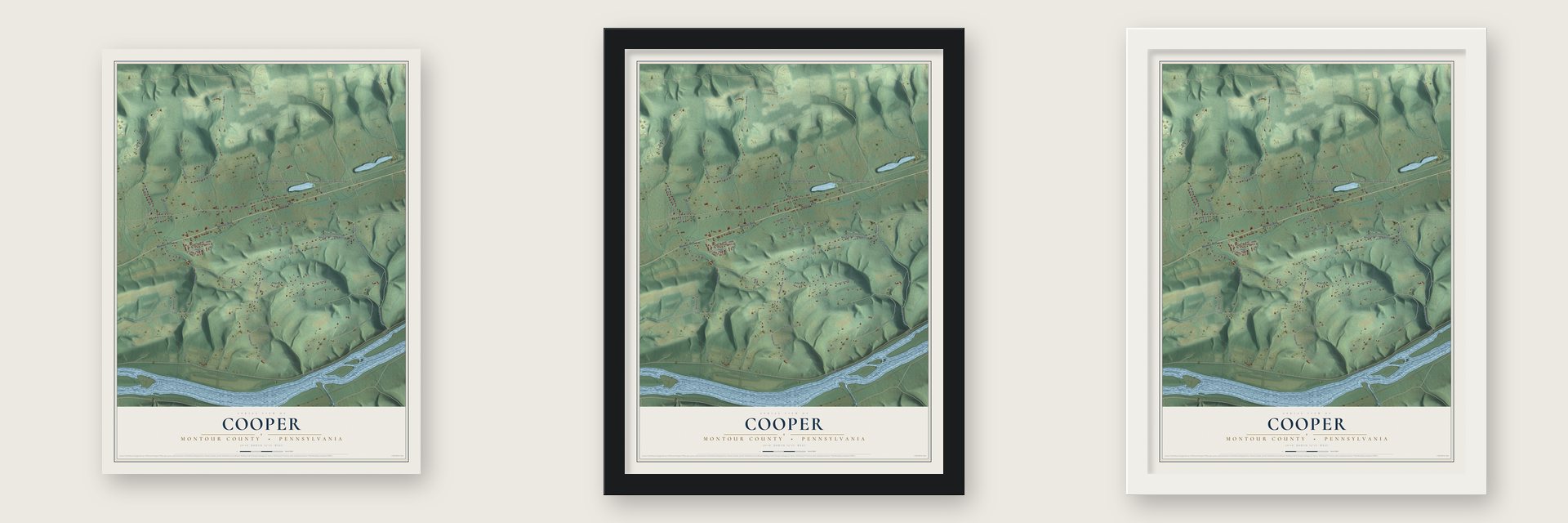 Cooper, Montour County, Pennsylvania map unframed, in a black wood frame and in a white wood frame