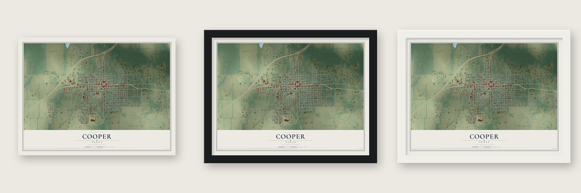 Cooper, Texas map unframed, in a black wood frame and in a white wood frame