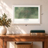 Cooper, Texas map, 12 x 18 inch print in a white frame in an entryway