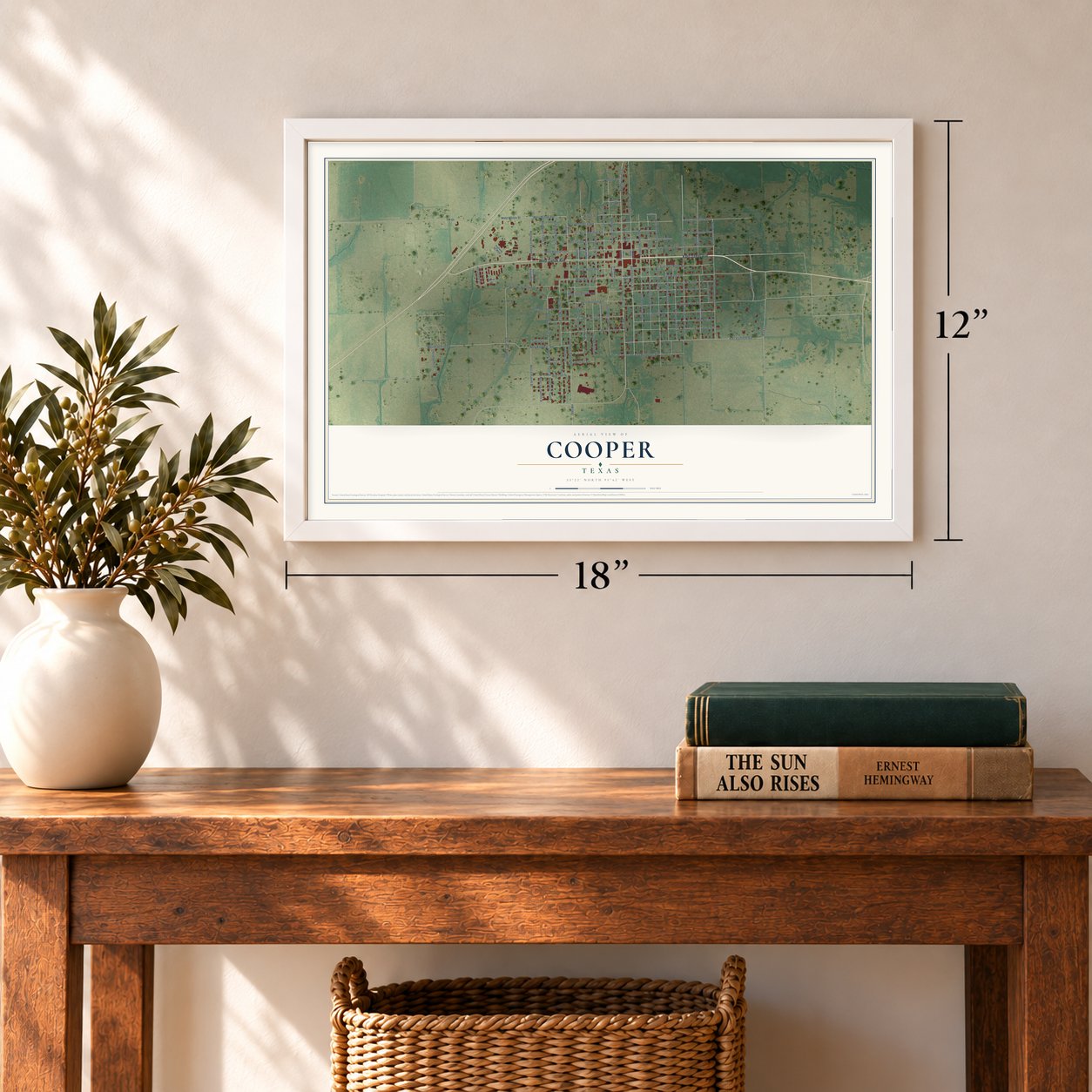Cooper, Texas map, 12 x 18 inch print in a white frame in an entryway