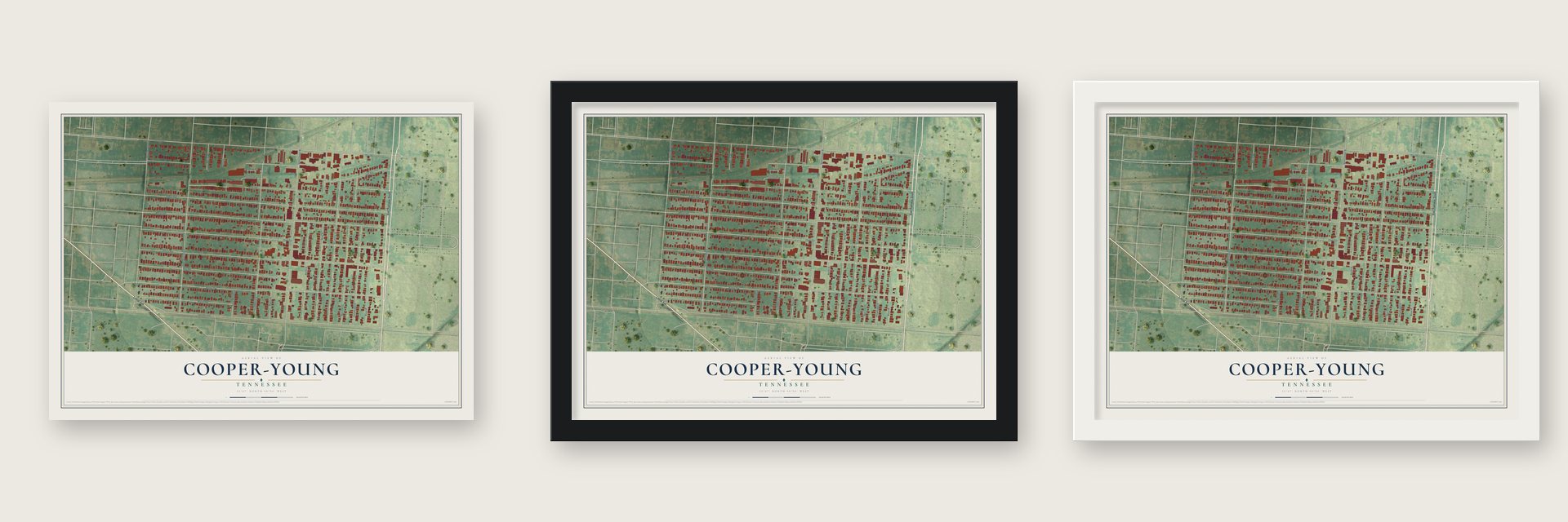 Cooper-Young, Tennessee map unframed, in a black wood frame and in a white wood frame