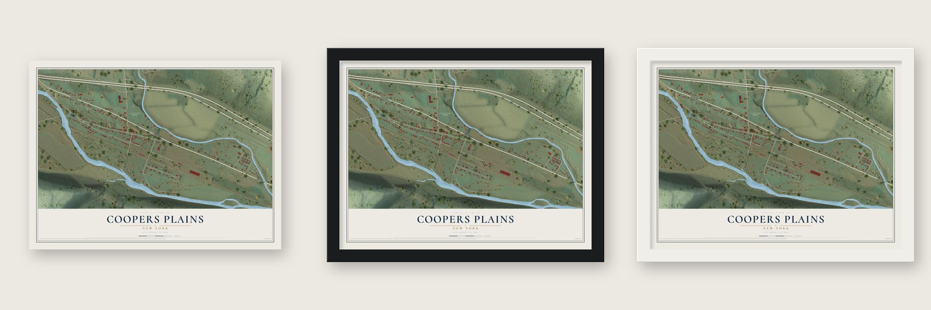 Coopers Plains, New York map unframed, in a black wood frame and in a white wood frame