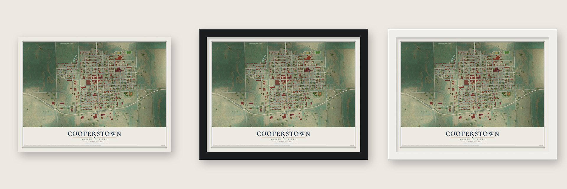 Cooperstown, North Dakota map unframed, in a black wood frame and in a white wood frame