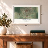 Cooperstown, North Dakota map, 12 x 18 inch print in a white frame in an entryway