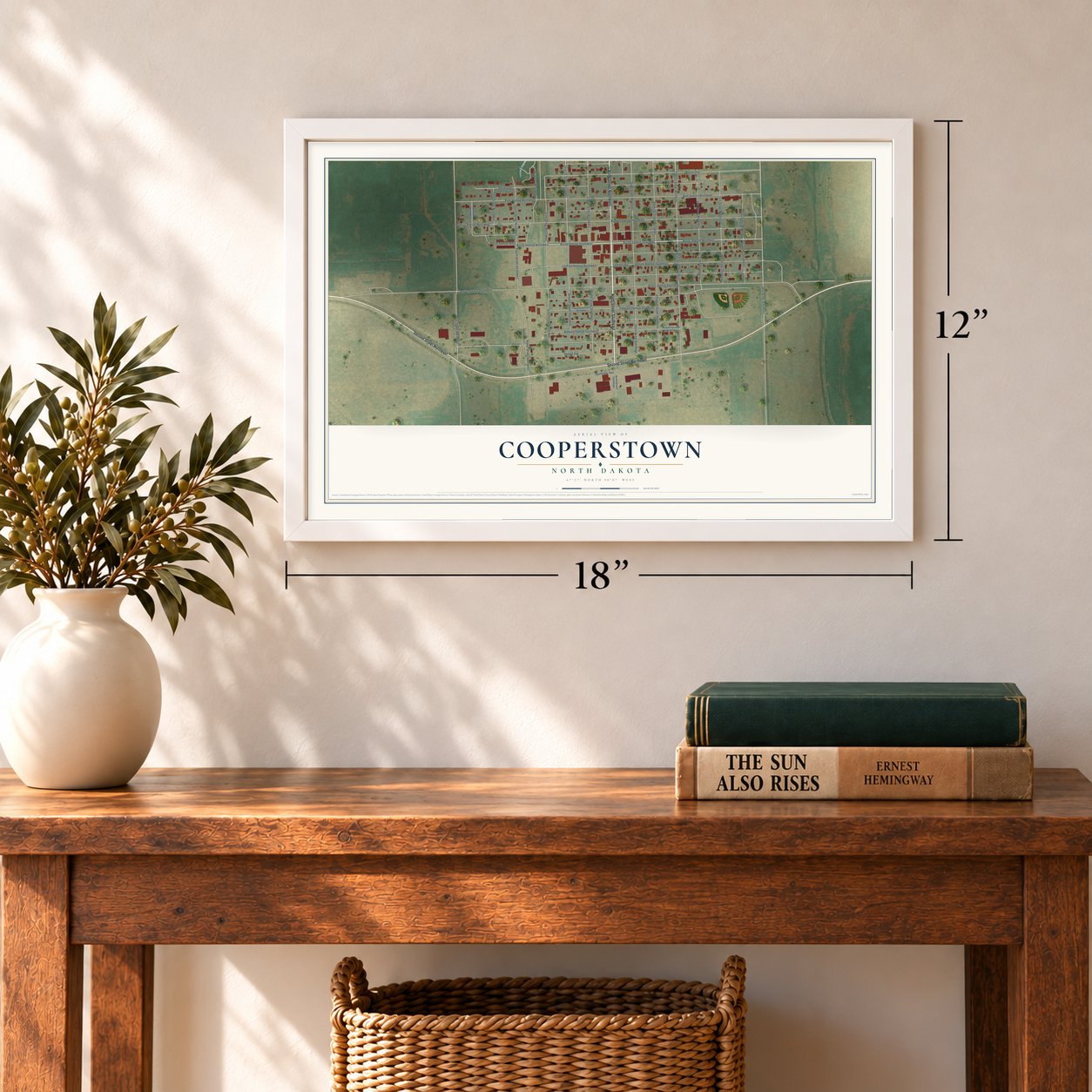 Cooperstown, North Dakota map, 12 x 18 inch print in a white frame in an entryway