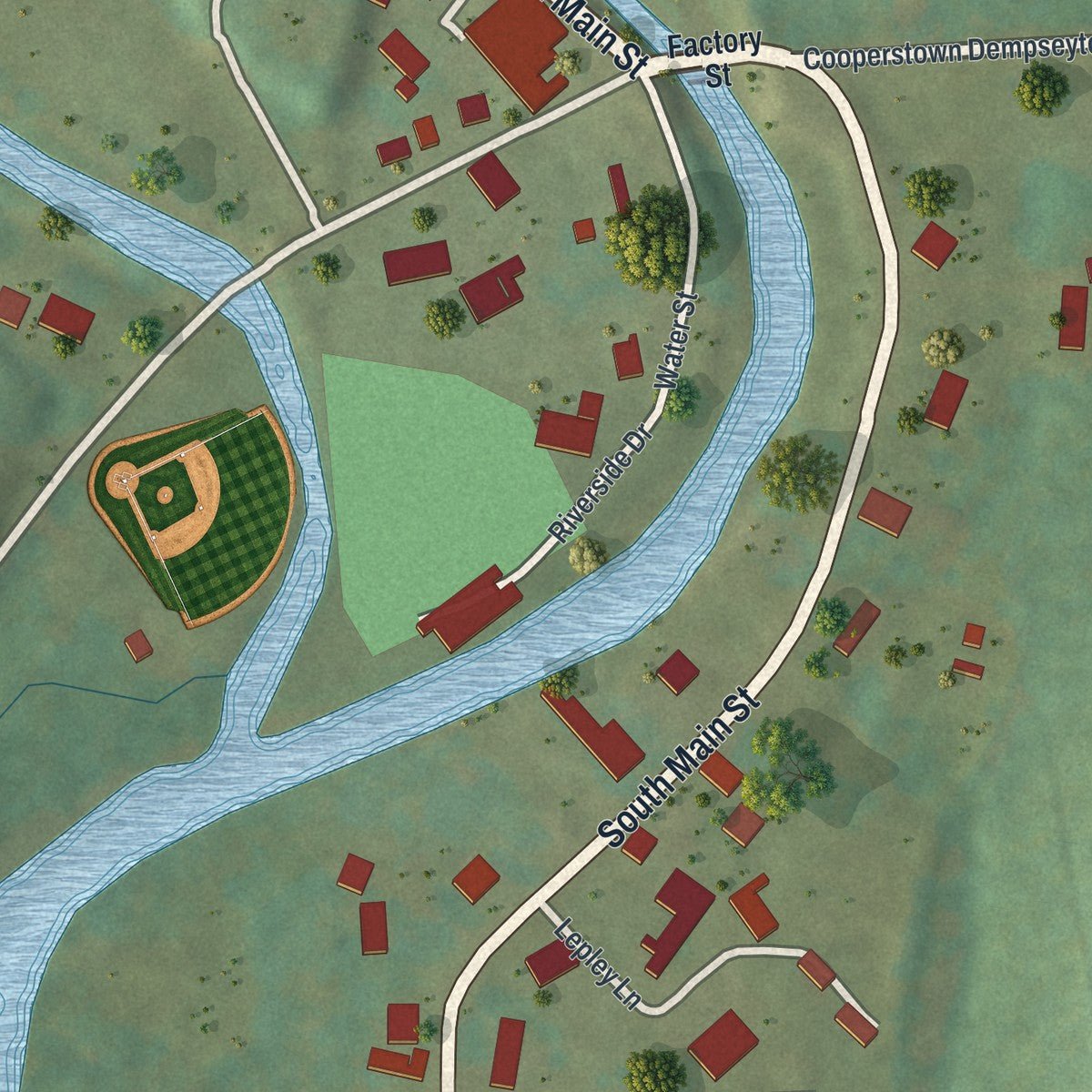 Second close-up of the map of Cooperstown, Pennsylvania print showing more streets and buildings