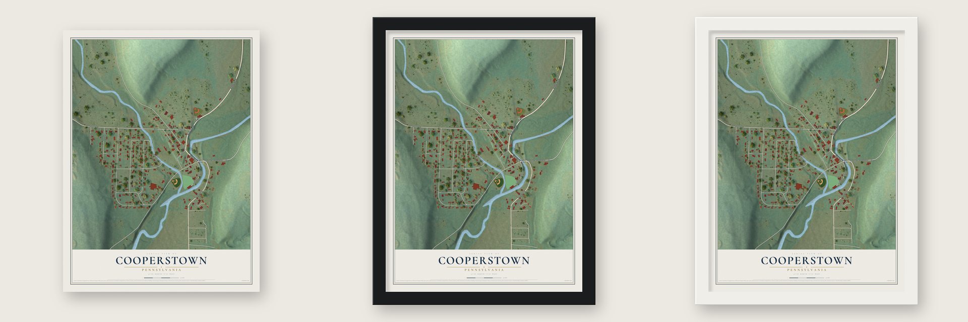 Cooperstown, Pennsylvania map unframed, in a black wood frame and in a white wood frame