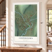 Cooperstown, Pennsylvania map, 24 x 36 inch print in a white frame by a staircase