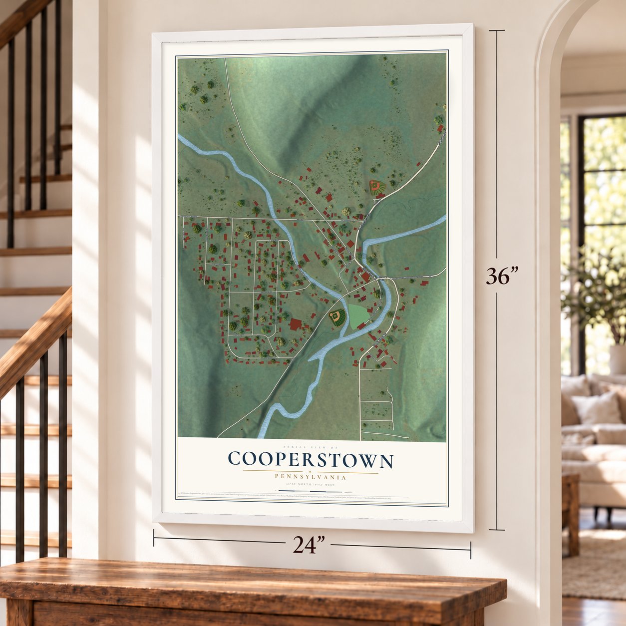 Cooperstown, Pennsylvania map, 24 x 36 inch print in a white frame by a staircase