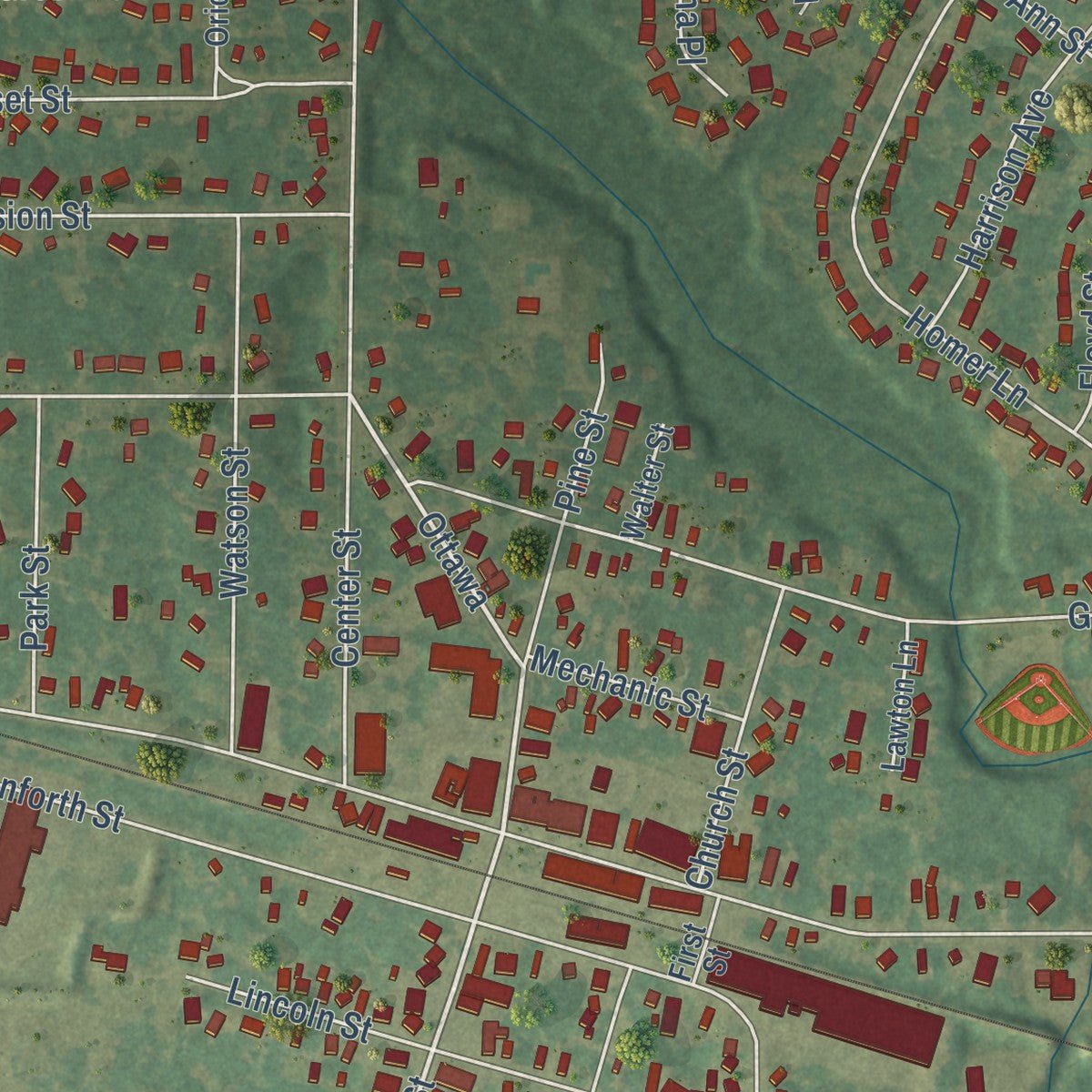 Second close-up of the map of Coopersville, Michigan print showing more streets and buildings