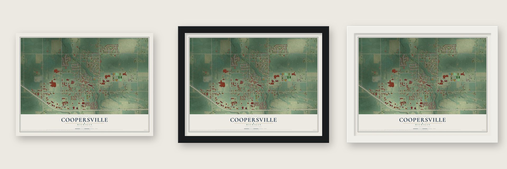 Coopersville, Michigan map unframed, in a black wood frame and in a white wood frame