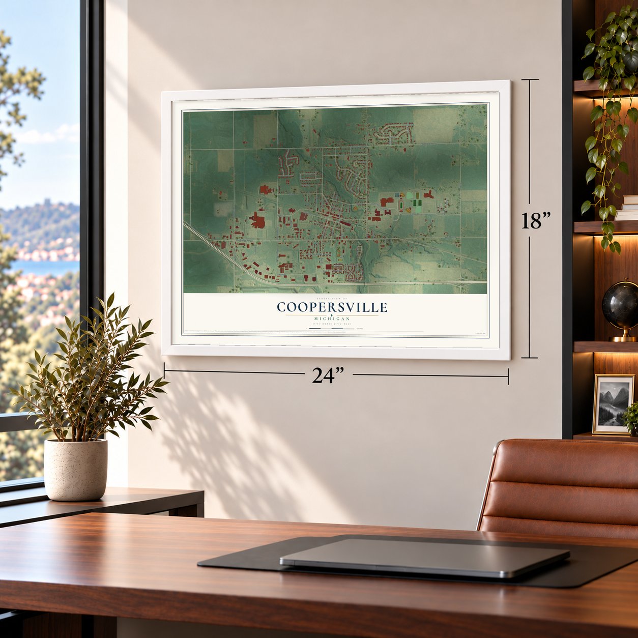 Coopersville, Michigan map, 18 x 24 inch print in a white frame in a home office