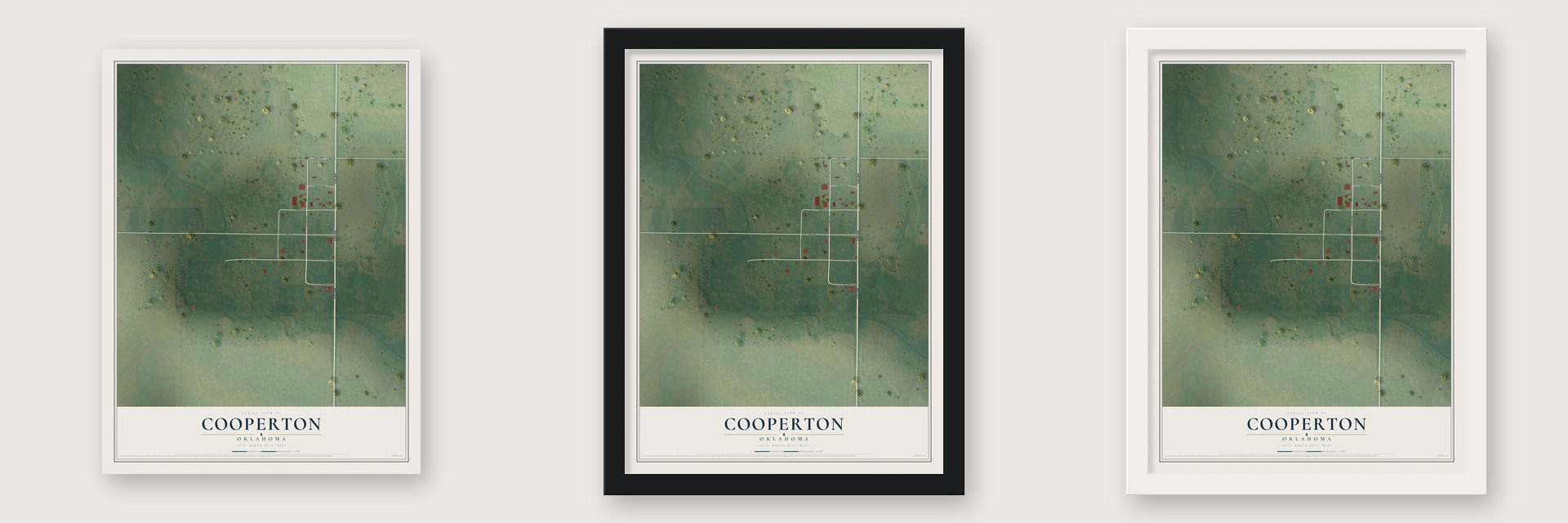 Cooperton, Oklahoma map unframed, in a black wood frame and in a white wood frame