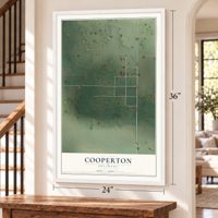 Cooperton, Oklahoma map, 24 x 36 inch print in a white frame by a staircase