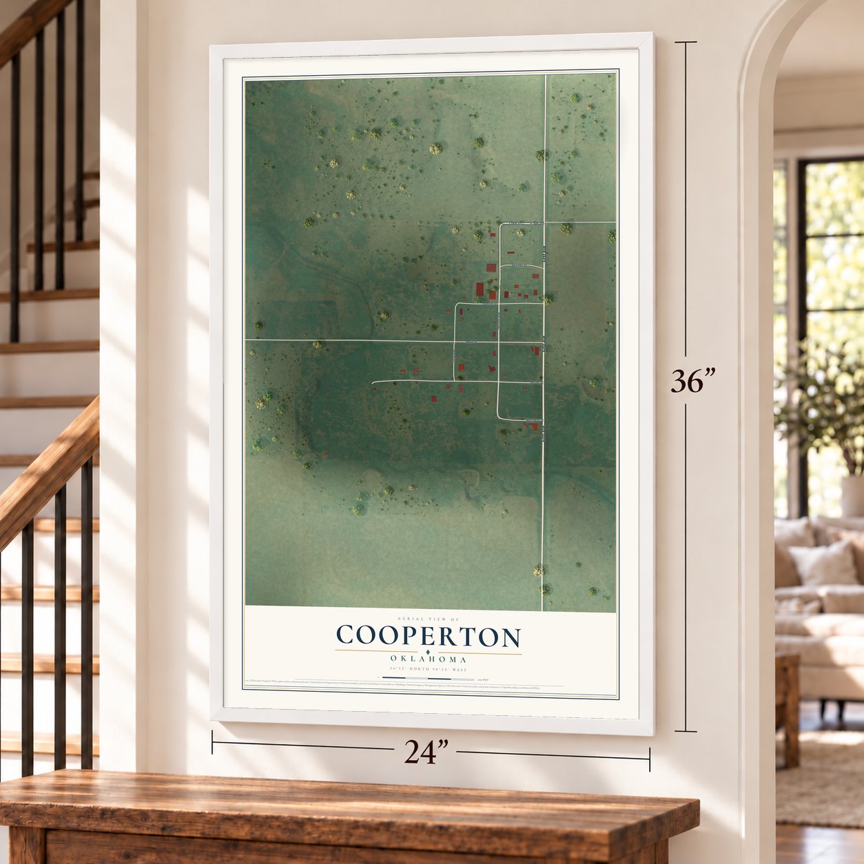 Cooperton, Oklahoma map, 24 x 36 inch print in a white frame by a staircase