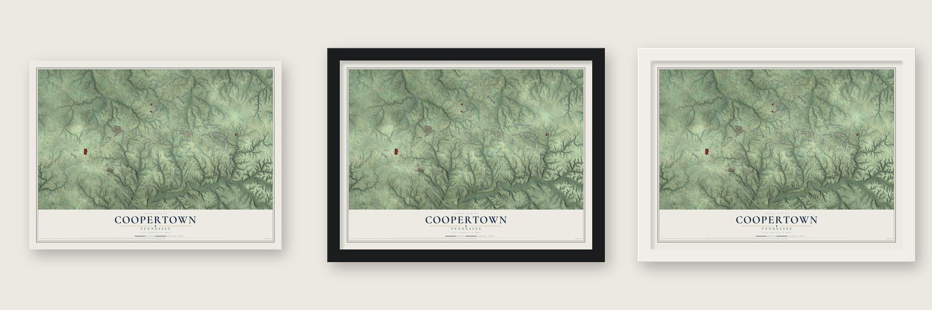 Coopertown, Tennessee map unframed, in a black wood frame and in a white wood frame
