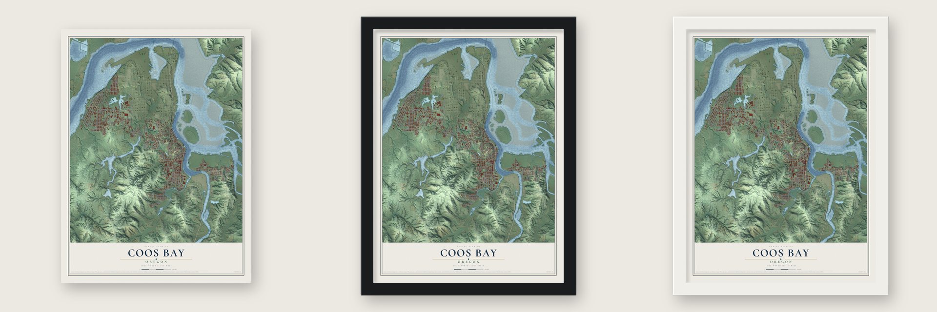 Coos Bay, Oregon map unframed, in a black wood frame and in a white wood frame