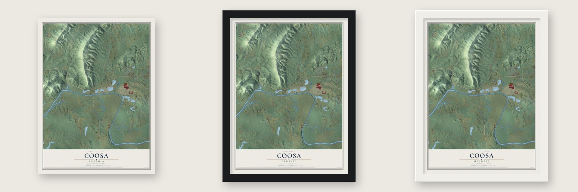 Coosa, Georgia map unframed, in a black wood frame and in a white wood frame