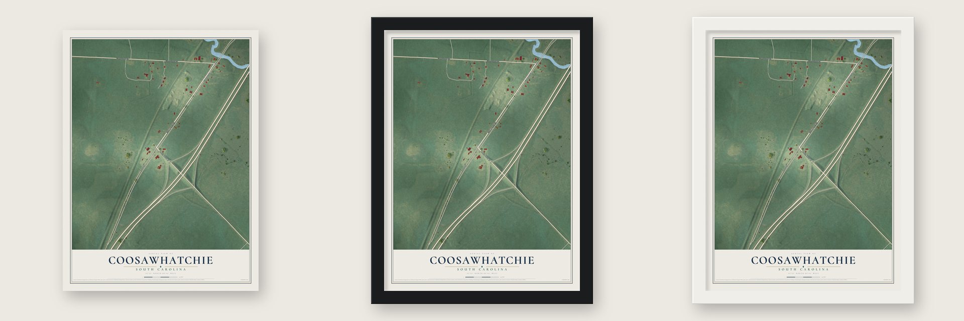 Coosawhatchie, South Carolina map unframed, in a black wood frame and in a white wood frame