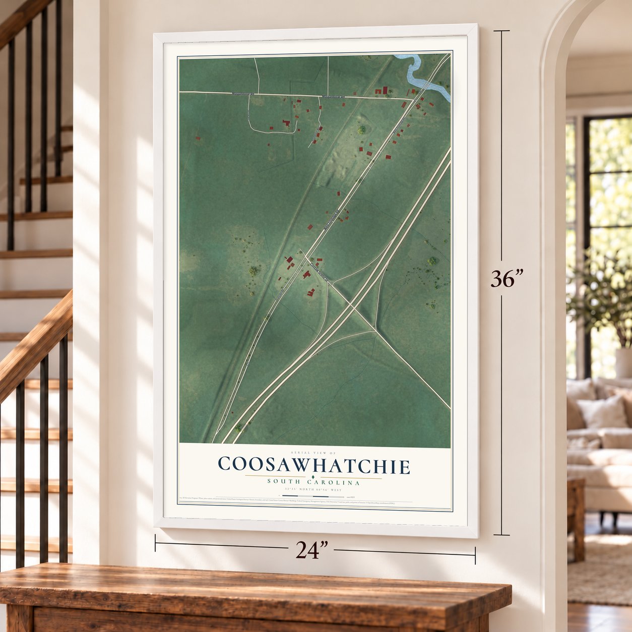 Coosawhatchie, South Carolina map, 24 x 36 inch print in a white frame by a staircase