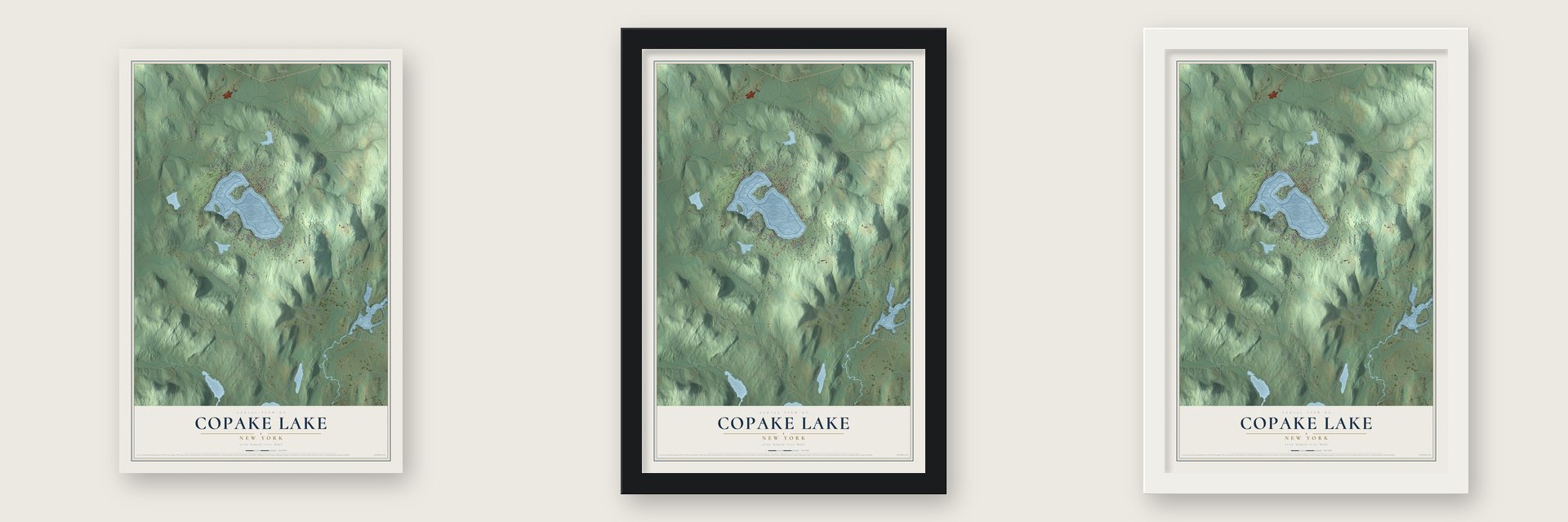 Copake Lake, New York map unframed, in a black wood frame and in a white wood frame
