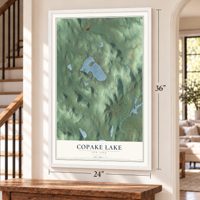 Copake Lake, New York map, 24 x 36 inch print in a white frame by a staircase