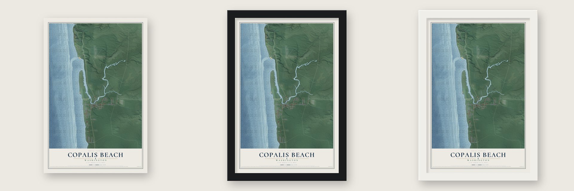 Copalis Beach, Washington map unframed, in a black wood frame and in a white wood frame