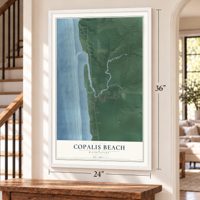 Copalis Beach, Washington map, 24 x 36 inch print in a white frame by a staircase
