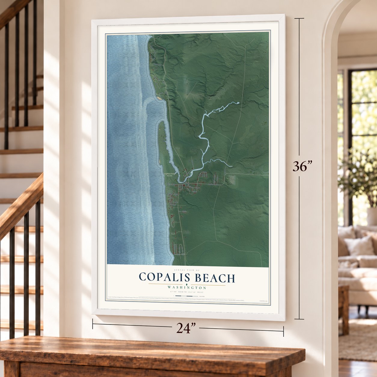 Copalis Beach, Washington map, 24 x 36 inch print in a white frame by a staircase